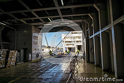 Car hold of the ferry in the port of La Gullet Editorial Stock Photo