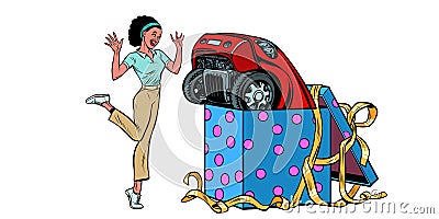 Car holiday gift box. African woman funny reaction joy. isolate on white background Vector Illustration