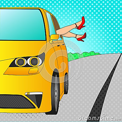 Car for holiday with legs out of the window. Female feet. Pop art raster. Imitation comic trip to the sea Cartoon Illustration