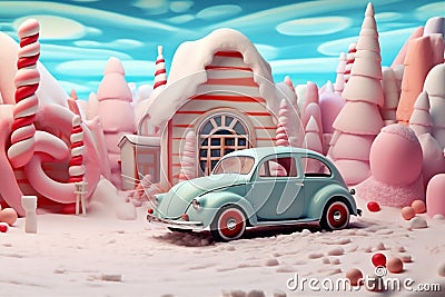 car holiday snow merry retro candy winter festive christmas gift. Generative AI. Stock Photo