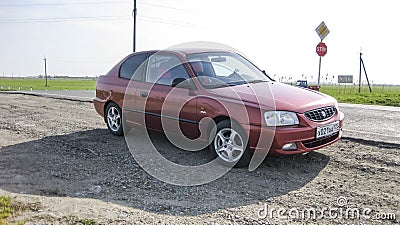 Car Hyundai Accent of the 2nd generation in performance of a three-door coupe. Three-cylinder diesel engine. Editorial Stock Photo