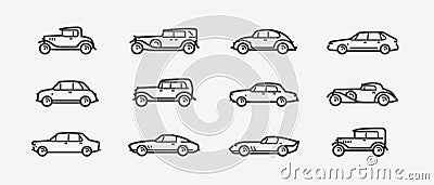 Car icon set. Transport, transportation symbol in linear style. Retro vector Vector Illustration