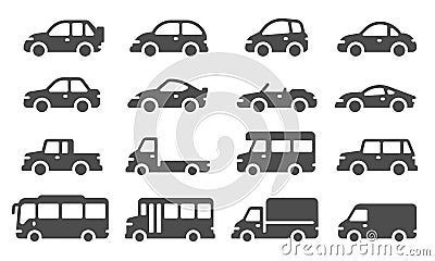 Car icons. Black vehicle silhouettes, automobiles for travel, auto models. Sedan, truck and suv, bus and other transport Vector Illustration