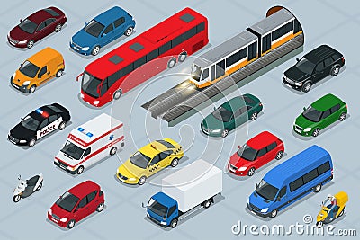 Car icons. Flat 3d isometric high quality city transport car icon set. Vector Illustration
