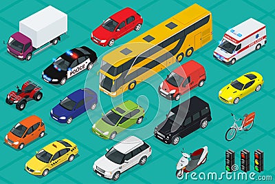 Car icons. Flat 3d isometric high quality city transport. Sedan, van, cargo truck, off-road, bus, scooter, motorbike Vector Illustration