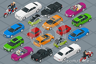 Car icons. Flat 3d isometric high quality city transport. Set of urban public and freight transport Vector Illustration