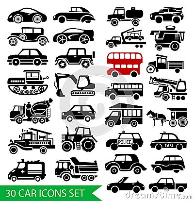 30 car icons set, black auto web pictogram Vector Illustration