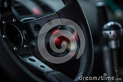 Car inside gray seats red dashboard night photography in the dark Stock Photo