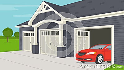 Car inside of the wooden garage with opened doors. Leaving garage. Vector Illustration