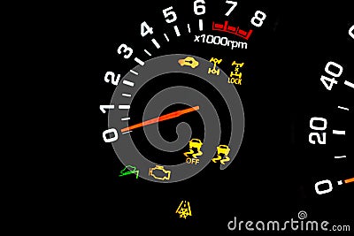 Car instrument panel, dashboard closeup with visible speedometer and fuel level. Modern steering wheel. Modern car interior detail Stock Photo