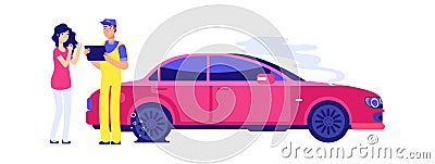 Car insurance accident. Woman auto damage. Girl driver and service manager near . Flat tire vector illustration Vector Illustration