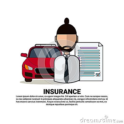 Car Insurance Agency Concept With Agent Automobile And Protection Document Vector Illustration