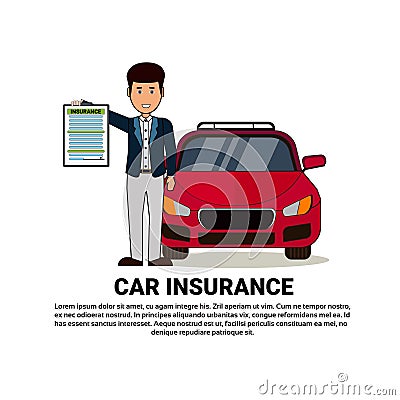 Car Insurance Agent Hold Form Over Insured Auto On Background With Copy Space Vector Illustration