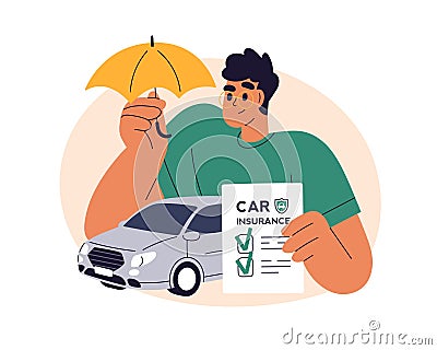 Car insurance concept. Auto risks policy, safety and protection document. Man driver, automobile owner caring about Vector Illustration