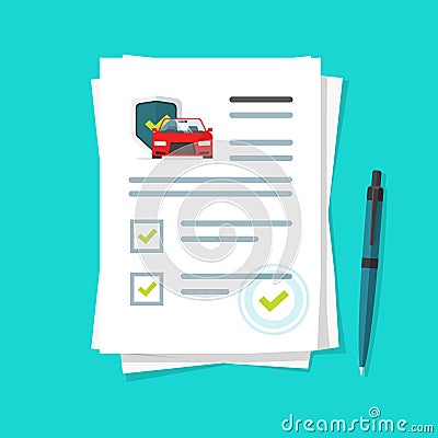 Car insurance document report vector illustration, flat cartoon paper agreement checklist or loan checkmarks form list Vector Illustration