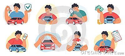 Car insurance. Driver buy protection for motor accident. Transport care and safety. Shield guarantee. Paper certificate Vector Illustration