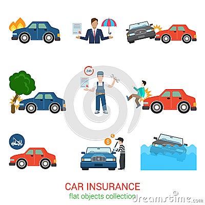 Car insurance flat vector icon pack: accident, service, loss Vector Illustration