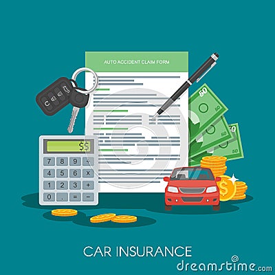 Car insurance form concept vector illustration. Auto keys, car, calculator and money Vector Illustration