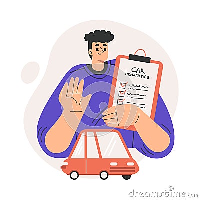 Car Insurance with Happy Man Character with Clipboard and Red Automobile Vector Illustration Vector Illustration