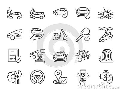 Car insurance icon set. Included icons as emergency, risk management, protection, accident, Side Collision, Front Collision, Broke Vector Illustration