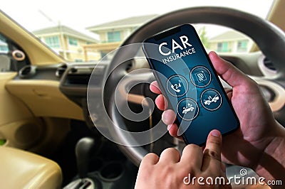 Car insurance man driver call on smartphone to Policies Safety Coverage insurance agent Stock Photo