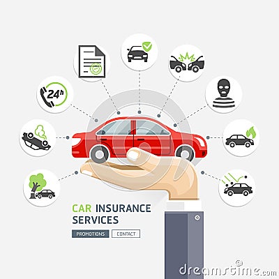 Car insurance services. Business hands holding red car. Vector Illustration