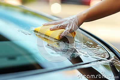 Car interior cleaning service with unrecognizable person, bright wide shot, summer day Stock Photo