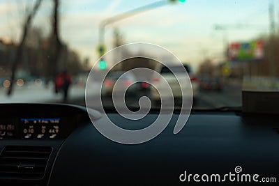 Car interior front panel blur the evening light Stock Photo