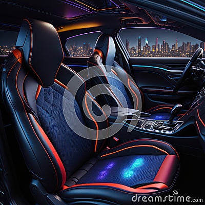 Car interior illustration at night, with led lights for the best possible visual atmosphere. Ai generated Cartoon Illustration