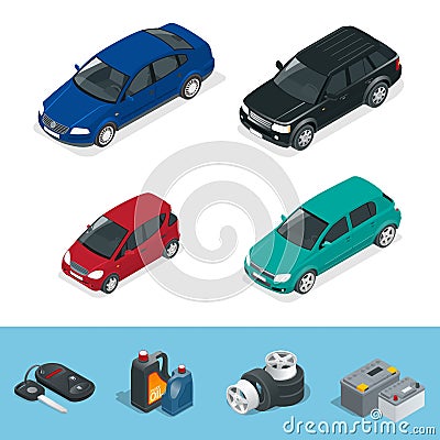 Car isometric. Tire service car auto, repair icons flat set vector isometric illustration. Consumables for car. Vector Illustration