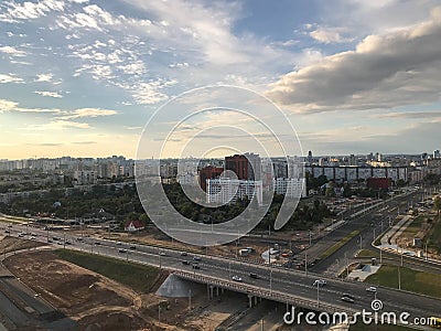 Car junction on the road. large intersection, long bridge for traffic flows. new road junction in the city center. road Editorial Stock Photo