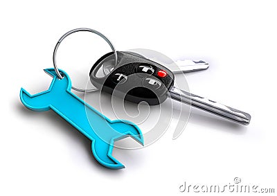 Car keys with spanner icon keyring. Concept for vehicle maintenance and servicing plan. Stock Photo