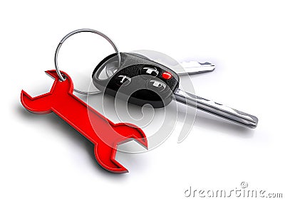 Car keys with spanner icon keyring. Concept for vehicle maintenance and servicing plan. Stock Photo