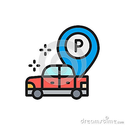 Car with large parking pointer flat color line icon. Vector Illustration