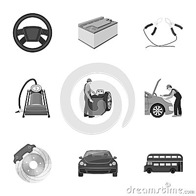 Car, lift, pump and other equipment monochrome icons in set collection for design. Car maintenance station vector symbol Vector Illustration
