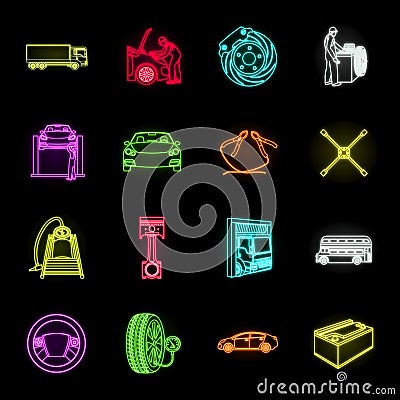 Car, lift, pump and other equipment neon icons in set collection for design. Car maintenance station vector symbol stock Vector Illustration