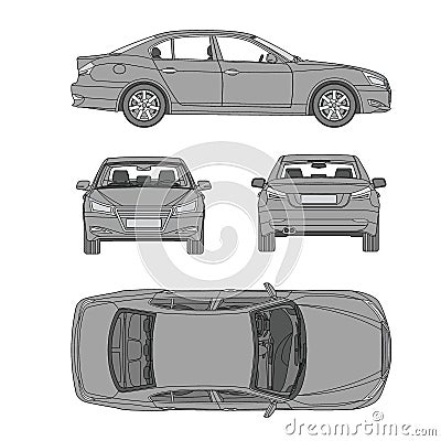 Car line draw four all view top side back insurance, rent damage, condition report form blueprint Vector Illustration