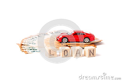 Car loan, saving money for a car or material design concepts. Red car on euro banknotes. Money for car loan payment on white backg Editorial Stock Photo