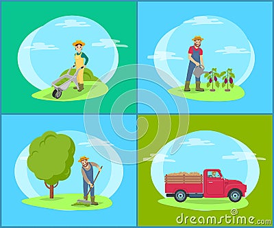 Car Lorry and People on Land Vector Illustration Vector Illustration