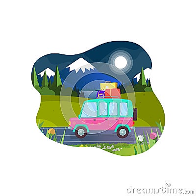 Car With Luggage on Roof Ready for Summer Vacation Vector Illustration