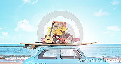 Car with luggage on the roof ready for summer vacation Stock Photo