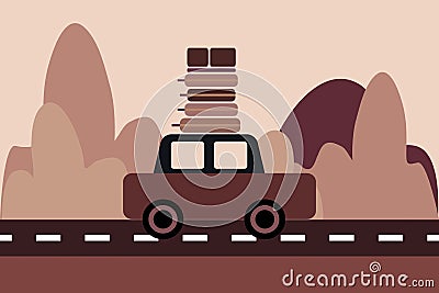 Car with luggage on top rides on the highway Vector Illustration