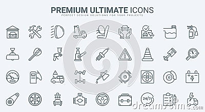 Car maintenance service, workshop garage equipment thin line icons set, outline pictogram Vector Illustration