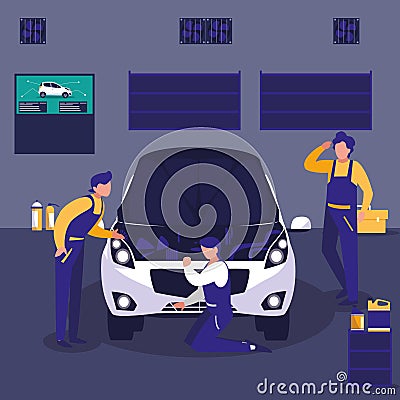 Car in maintenance workshop with mechanics team Vector Illustration