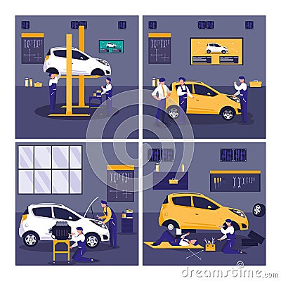 Car in maintenance workshop with mechanics team Vector Illustration