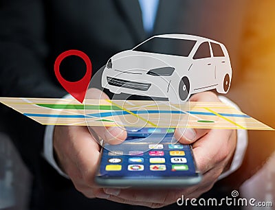 Car on a map with a pin holder - GPS and localization concept Stock Photo