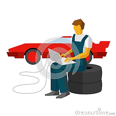 Car mechanic adjusts sportcar with laptop. Service station worker Vector Illustration