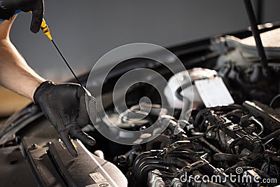 The car mechanic is checking the engine oil level. Overheating of car engine. Motor with open hood. Checking the engine Stock Photo