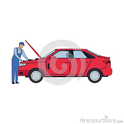 Car mechanic fixing a red car, colorful design Vector Illustration