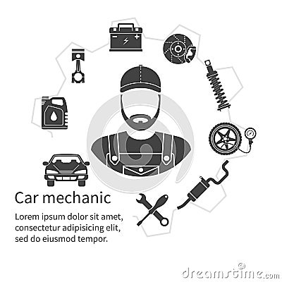 Car mechanic, icons tools and spare parts, concept. Vector Illustration